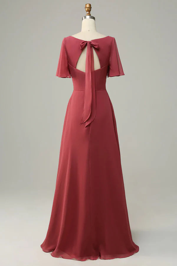 V-neck short sleeved backless bridesmaid dress With Slit Floor Length