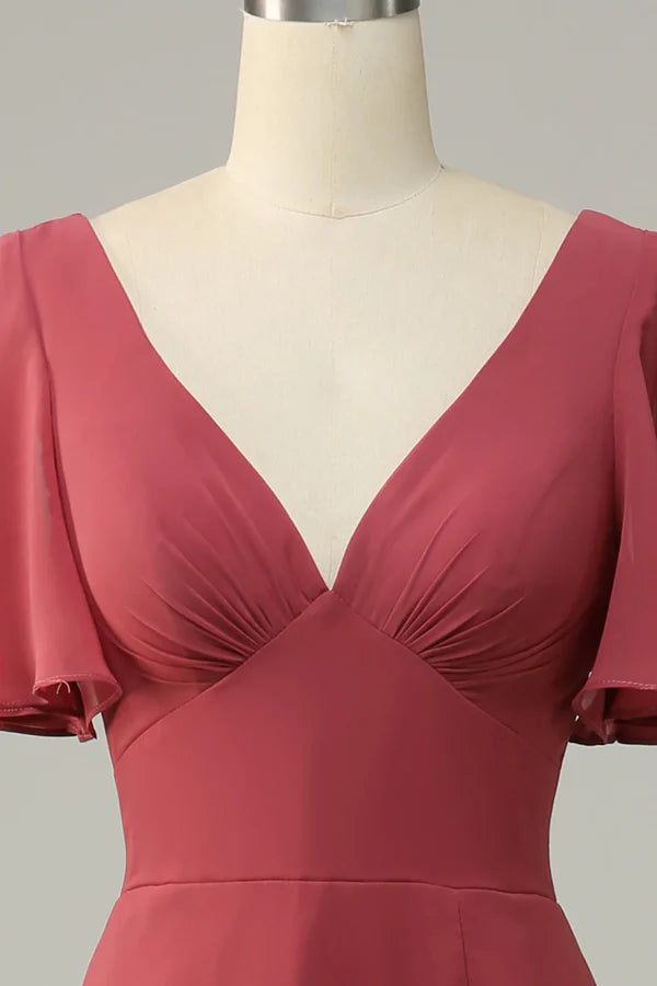 V-neck short sleeved backless bridesmaid dress With Slit Floor Length