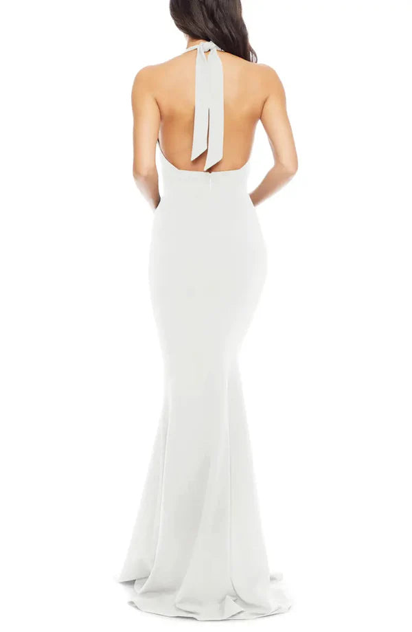 Noble V-neck off shoulder mermaid hem off back and floor length evening dress Solid Color