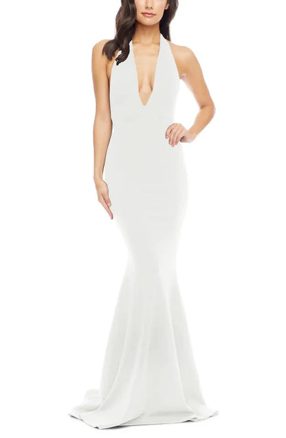 Noble V-neck off shoulder mermaid hem off back and floor length evening dress Solid Color