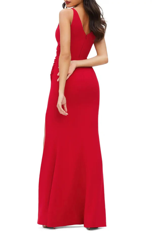 Minimalist V-neck sleeveless off shoulder side slit long backless evening dress Sexy