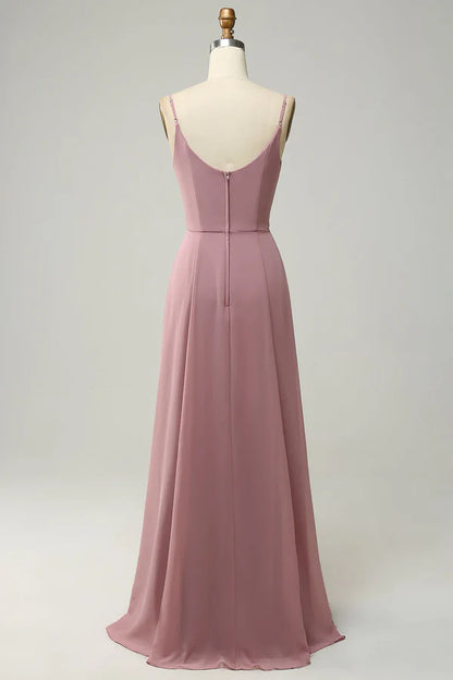 Thin shoulder strap A-line sleeveless long bridesmaid dress Solid Color