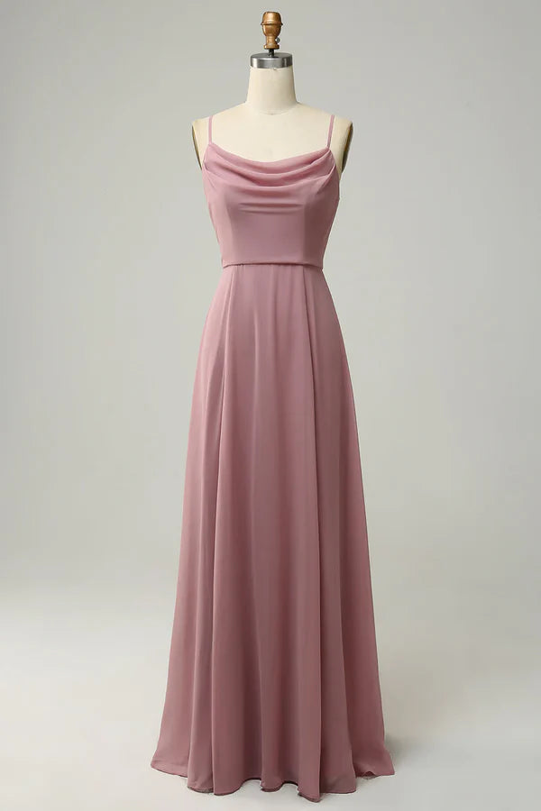 Thin shoulder strap A-line sleeveless long bridesmaid dress Solid Color