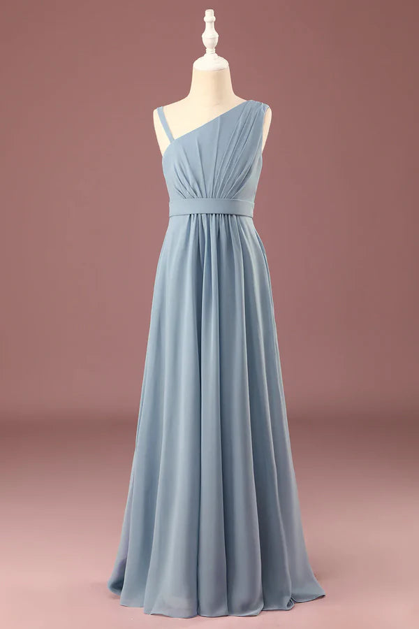 Grey blue one shoulder A-line chiffon pleated and ground length bridesmaid dress Solid Color