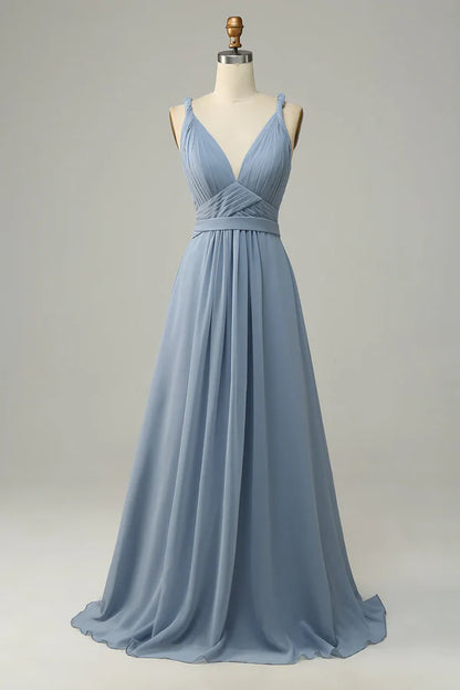 Grey blue deep V-neck A-line long bridesmaid dress Solid Color Floor Length