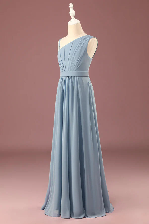 Grey blue one shoulder A-line chiffon pleated and ground length bridesmaid dress Solid Color