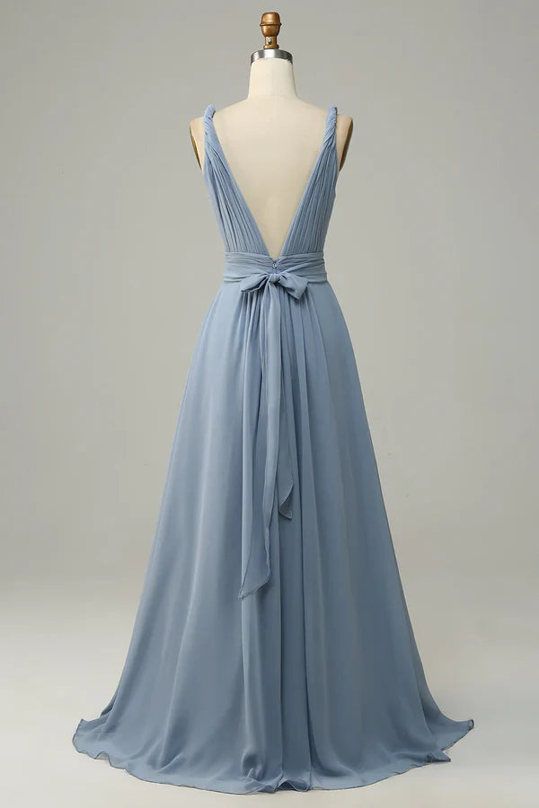 Grey blue deep V-neck A-line long bridesmaid dress Solid Color Floor Length