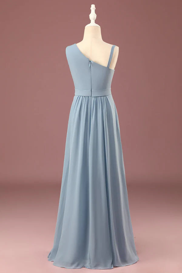 Grey blue one shoulder A-line chiffon pleated and ground length bridesmaid dress Solid Color