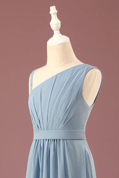 Grey blue one shoulder A-line chiffon pleated and ground length bridesmaid dress Solid Color