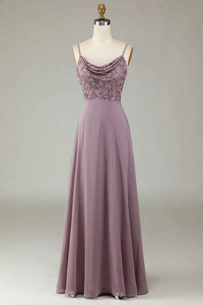 Thin shoulder strap beaded grey pink bridesmaid dress Floor Length