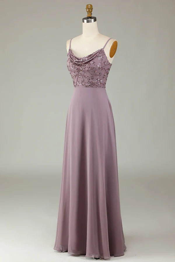 Thin shoulder strap beaded grey pink bridesmaid dress Floor Length