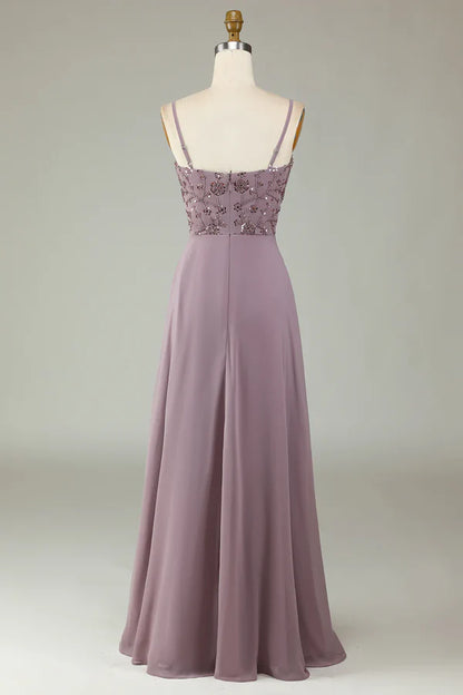 Thin shoulder strap beaded grey pink bridesmaid dress Floor Length