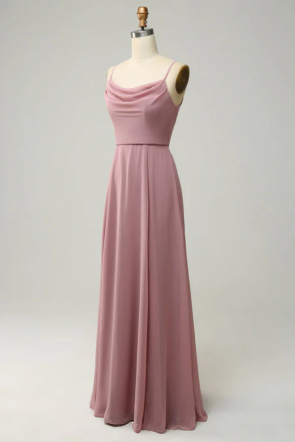 Thin shoulder strap A-line sleeveless long bridesmaid dress Solid Color