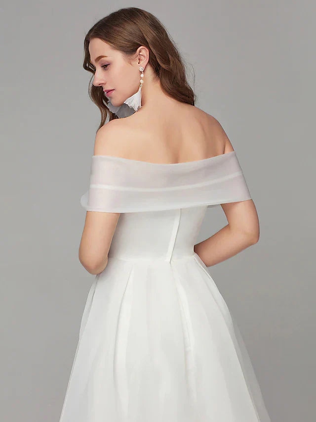 A-Line White Elegant Engagement Cocktail Party Dress Off Shoulder Sleeveless Tea Length Organza with Criss Cross Pleats