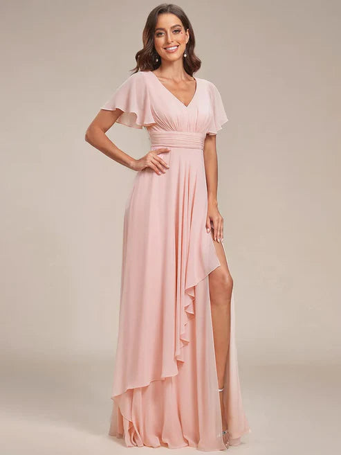 Ruffles Sleeve High Slit with Louts Leaf Chiffon Evening Dress/Prom Dresses Party Dresses Wedding Guest Dresses