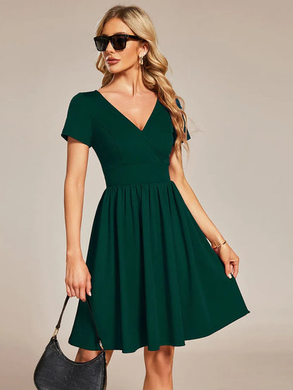 V Neck Short Sleeves A-Line Mini Summer Casual Cocktail Dress