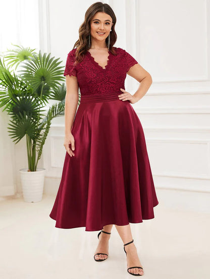 Plus Size Lace Cap Sleeve V neck Midi Formal Dress