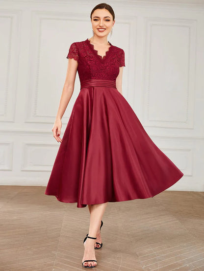Embroidered Floral V Neck Short Sleeves Midi A-Line Formal Dress