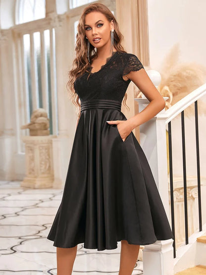 Embroidered Floral V Neck Short Sleeves Midi A-Line Formal Dress