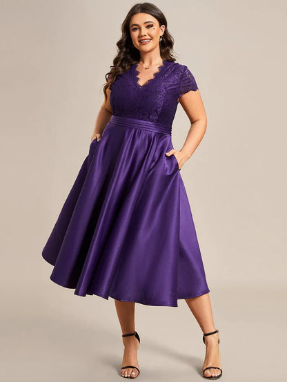 Plus Size Lace Cap Sleeve V neck Midi Formal Dress