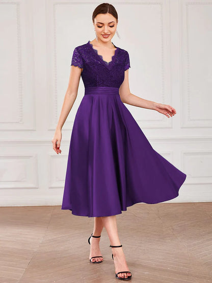 Embroidered Floral V Neck Short Sleeves Midi A-Line Formal Dress