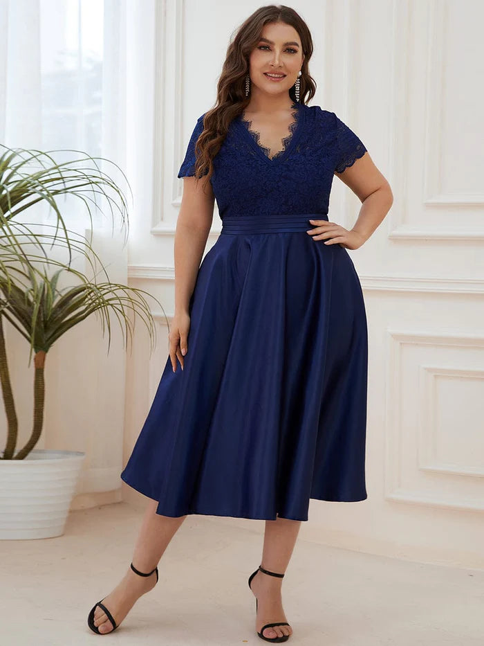 Plus Size Lace Cap Sleeve V neck Midi Formal Dress