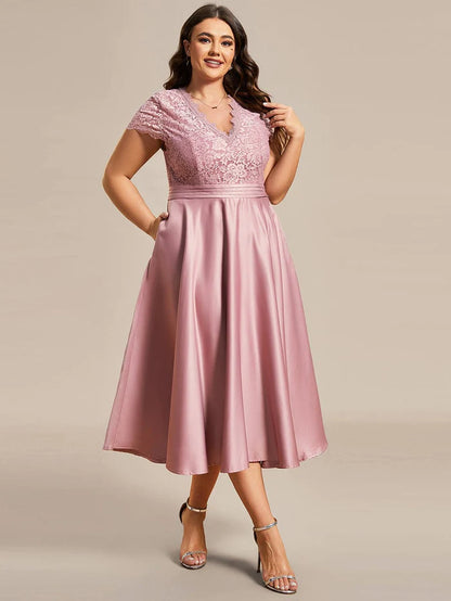 Plus Size Lace Cap Sleeve V neck Midi Formal Dress