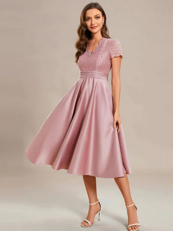 Embroidered Floral V Neck Short Sleeves Midi A-Line Formal Dress