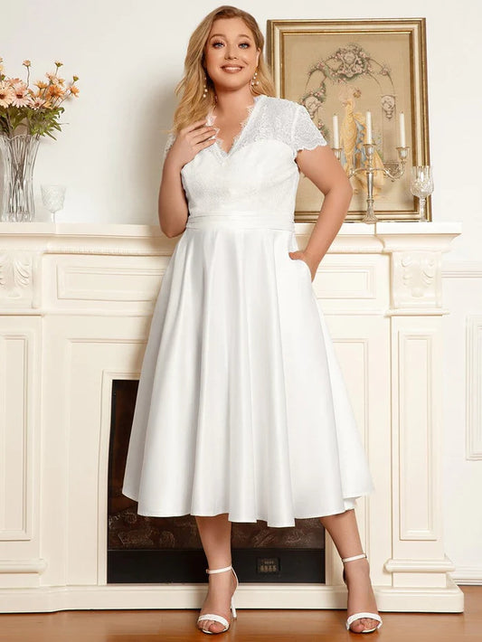 Plus Size Lace Cap Sleeve V neck Midi Formal Dress