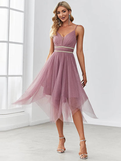 Sheer Deep V Midi Asymmetric Hem Evening Dress