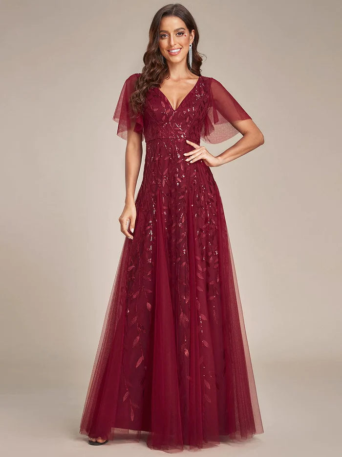 Custom Size Romantic Shimmery V Neck Ruffle Sleeves Maxi Long Evening Gowns