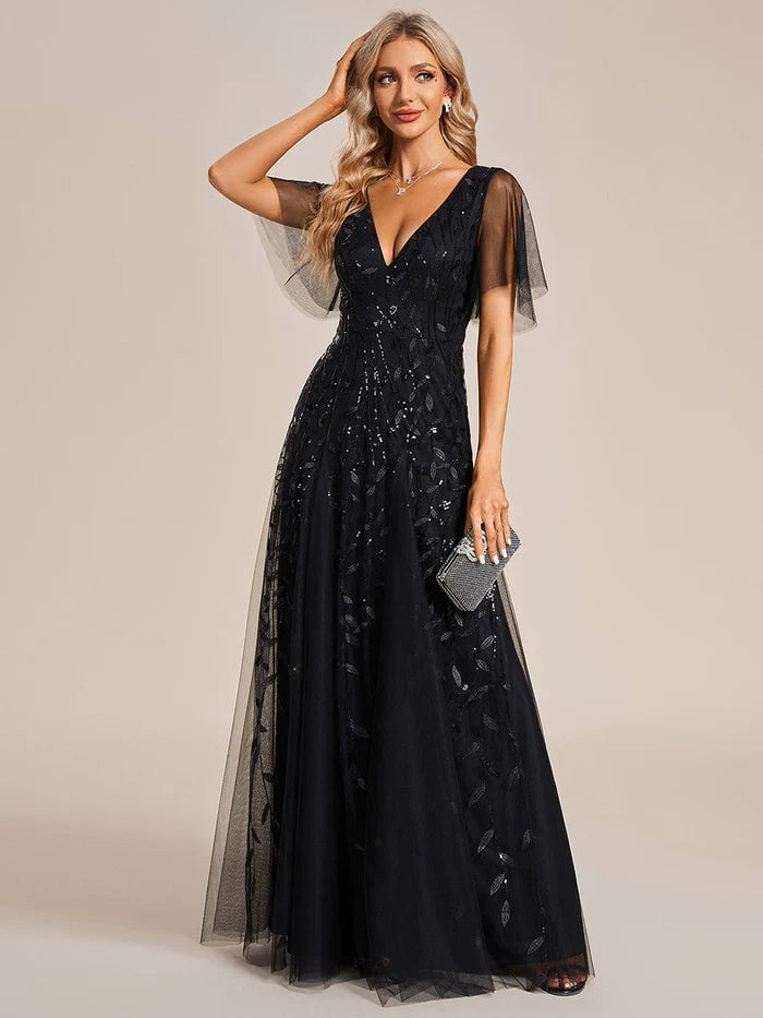 Custom Size Romantic Shimmery V Neck Ruffle Sleeves Maxi Long Evening Gowns