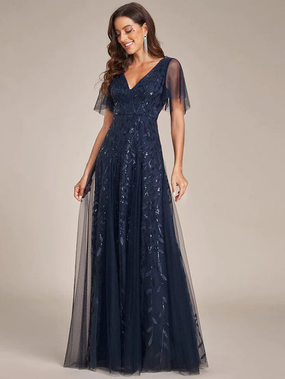 Custom Size Romantic Shimmery V Neck Ruffle Sleeves Maxi Long Evening Gowns