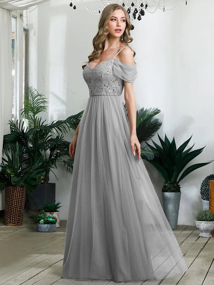 Custom Size Sequin Bodice Cold Shoulder Floor Length Tulle Bridesmaid Dress