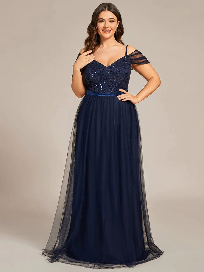 Custom Size Sequin Bodice Cold Shoulder Floor Length Tulle Bridesmaid Dress