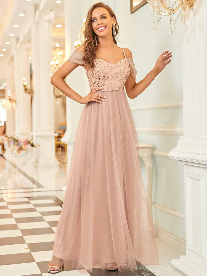 Custom Size Sequin Bodice Cold Shoulder Floor Length Tulle Bridesmaid Dress