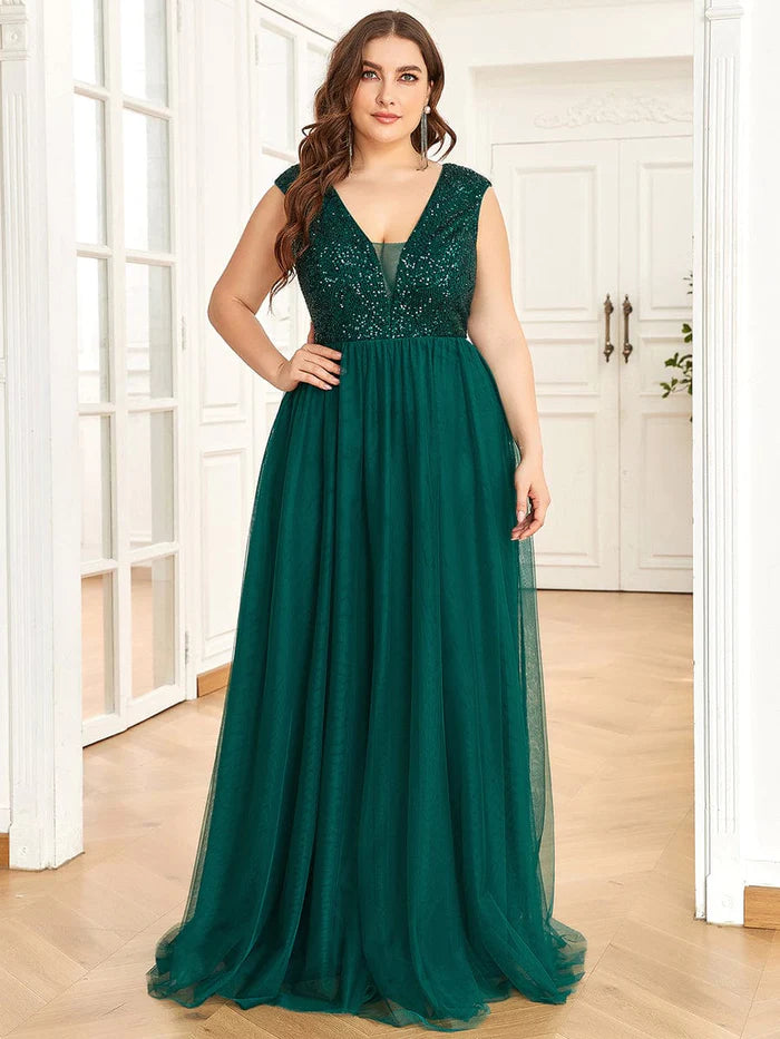 Custom Size Sequin Illusion Plunging V-Neckline Sleeveless A-Line Tulle Evening Dress