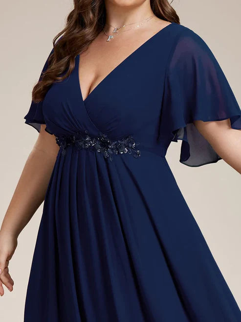 Plus Size Floral Applique Short Sleeve A-Line Chiffon Evening Dress/Prom Dresses Charming Party Dresses