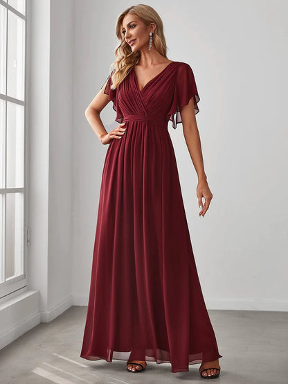 V-Neck Flutter Sleeve Floor-Length A-Line Chiffon Evening Dress