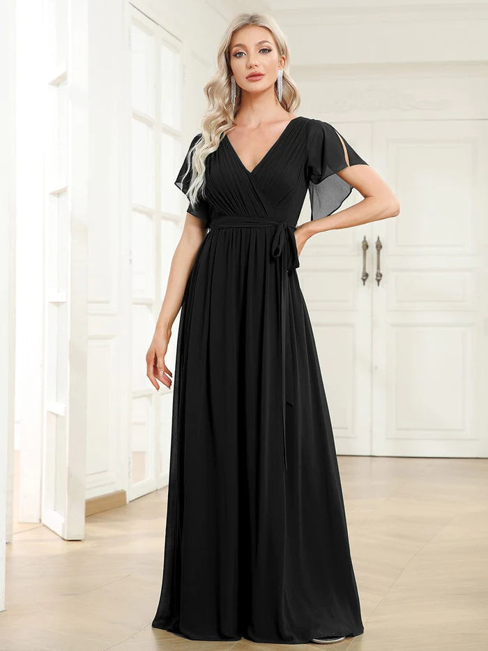 V-Neck Flutter Sleeve Floor-Length A-Line Chiffon Evening Dress