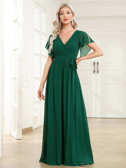 V-Neck Flutter Sleeve Floor-Length A-Line Chiffon Evening Dress