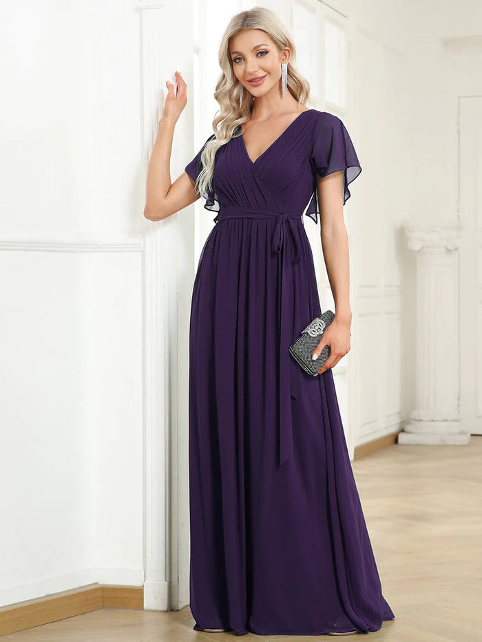 V-Neck Flutter Sleeve Floor-Length A-Line Chiffon Evening Dress