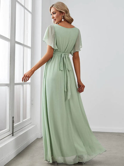 V-Neck Flutter Sleeve Floor-Length A-Line Chiffon Evening Dress