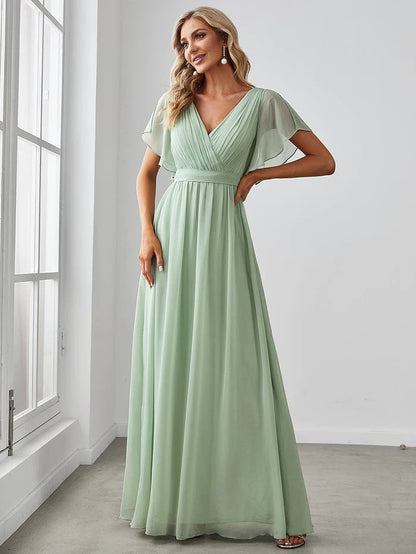 V-Neck Flutter Sleeve Floor-Length A-Line Chiffon Evening Dress