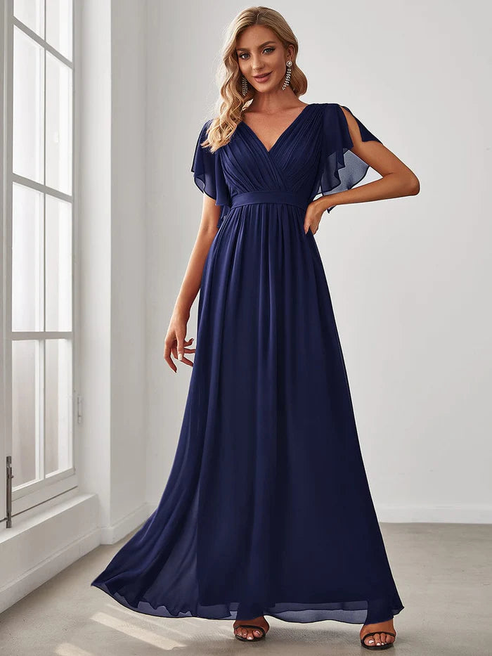 V-Neck Flutter Sleeve Floor-Length A-Line Chiffon Evening Dress