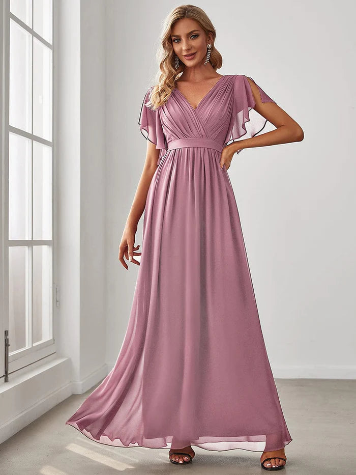 V-Neck Flutter Sleeve Floor-Length A-Line Chiffon Evening Dress