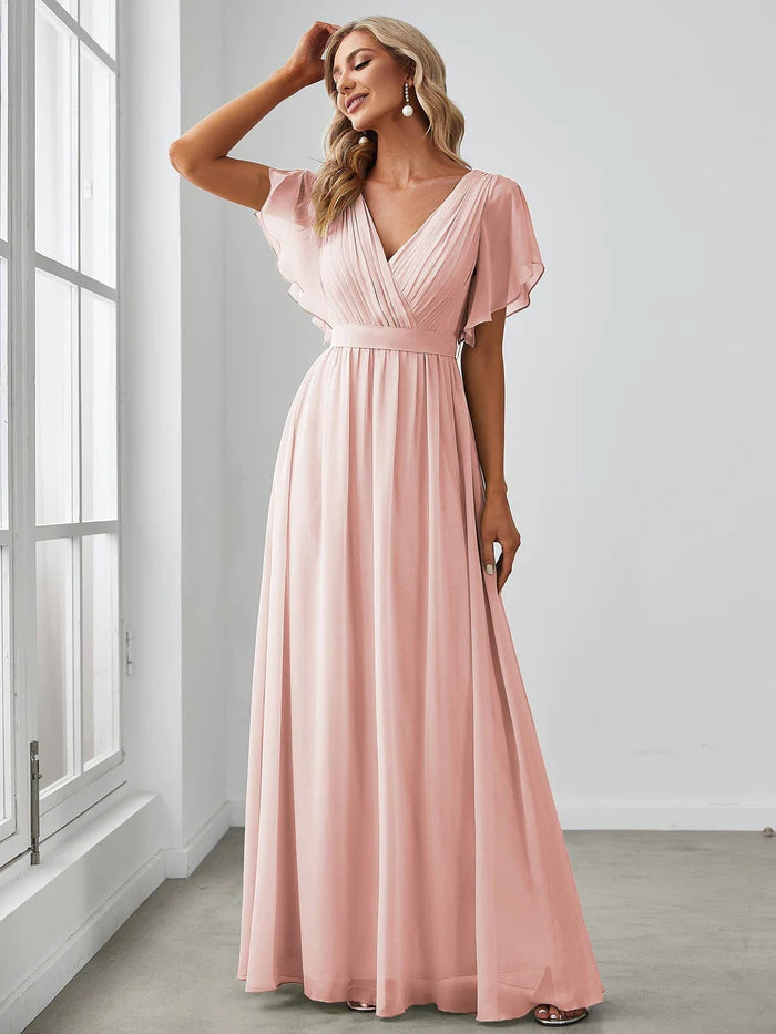 V-Neck Flutter Sleeve Floor-Length A-Line Chiffon Evening Dress