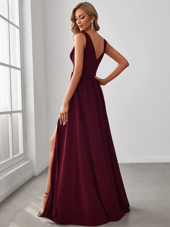 V-Neck High Slit Empire Waist Floor-Length Evening Dress