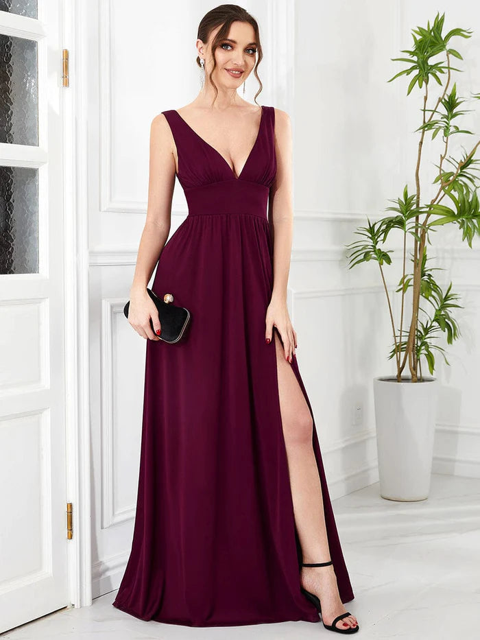 V-Neck High Slit Empire Waist Floor-Length Evening Dress