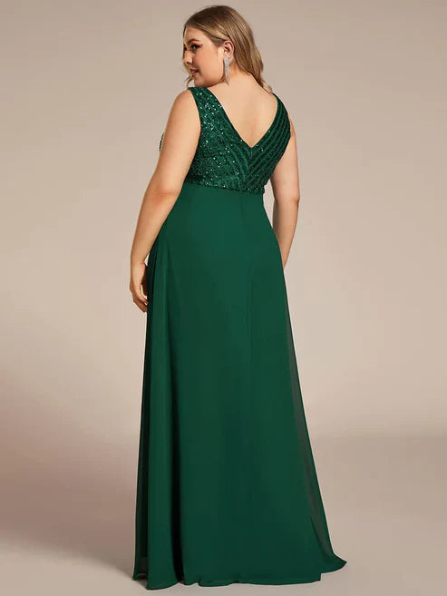 Plus Size Sequin Sleeveless Double V-Neck Formal Evening Dress/Prom Dresses Party Dresses Wedding Guest Dresses